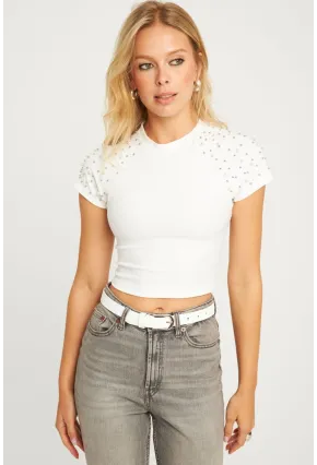 Kadın Beyaz İncili Kısa Bluz HOL2112