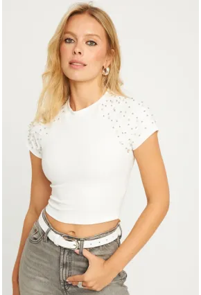 Kadın Beyaz İncili Kısa Bluz HOL2112