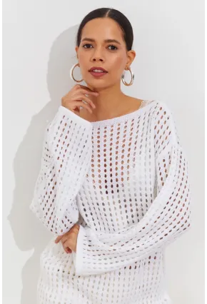 Kadın Beyaz İspanyol Kol Ajurlu Triko Uzun Bluz SMT198