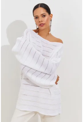 Kadın Beyaz İspanyol Kol Ajurlu Triko Uzun Bluz SMT199