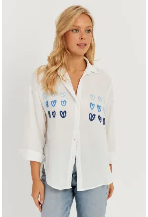 Kadın Beyaz Kalp Nakışlı Gömlek PP5391