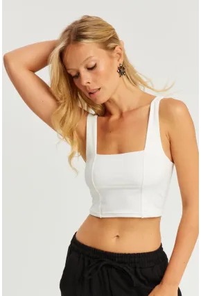 Kadın Beyaz Kare Yaka Crop Bluz CG348