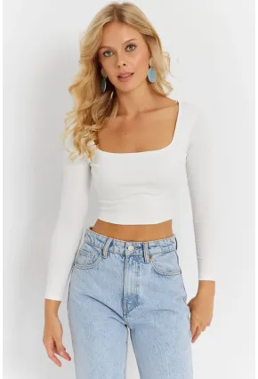 Kadın Beyaz Kare Yaka Crop Bluz CG362