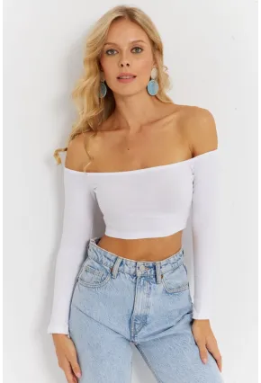 Kadın Beyaz Kare Yaka Crop Bluz CG364