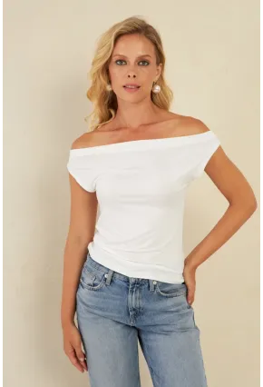 Kadın Beyaz Kayık Yaka Bluz LPP1288