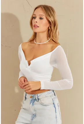Kadın Beyaz Kolları Tül Crop Bluz CG315