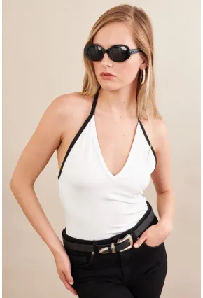 Kadın Beyaz Kontrast Biyeli V Yaka Bluz EY3103