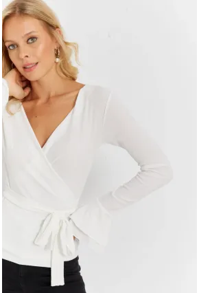 Kadın Beyaz Kruvaze Bürümcük Bluz EY2866