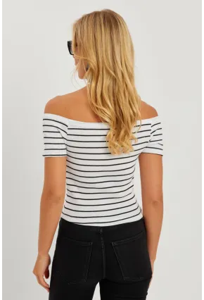 Kadın Beyaz Madonna Yaka Çizgili Kaşkorse Bluz AYD311