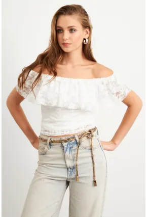 Kadın Beyaz Madonna Yaka Dantel Bluz MTK13549