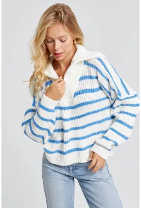 Kadın Beyaz-Mavi Fermuarlı Çizgili Kazak MSS133