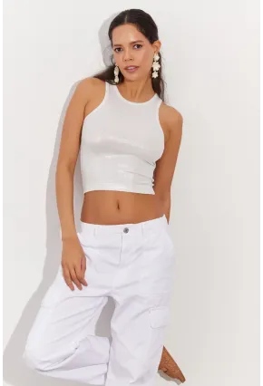 Kadın Beyaz Metalik Crop Bluz LPP1218