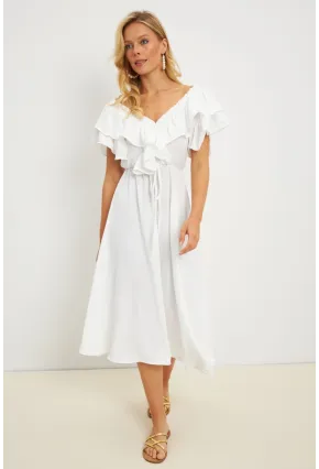 Kadın Beyaz Ön Arka V Volanlı Elbise KS113