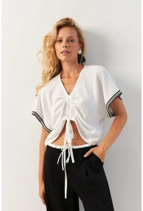 Kadın Beyaz Önü Büzgülü Bluz XL2039