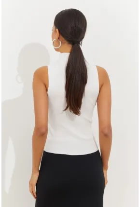 Kadın Beyaz Önü Damla Kolsuz Triko Bluz YV112