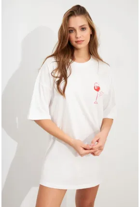 Kadın Beyaz Oversize Pijama T-Shirt TPG14