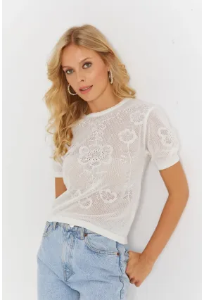 Kadın Beyaz Pointelle Triko Bluz KZ3197