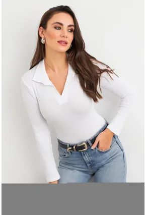 Kadın Beyaz Polo Yaka Kaşkorse Bluz LON3006