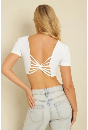 Kadın Beyaz Sırtı Açık Crop Bluz CG358