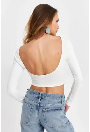 Kadın Beyaz Sırtı Açık Crop Bluz EV21