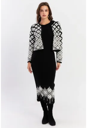 Kadın Beyaz-Siyah Desenli İkili Triko Takım NUV42