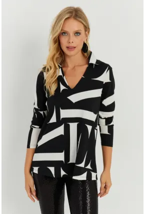 Kadın Beyaz-Siyah Desenli Polo Yaka Bluz AYD240