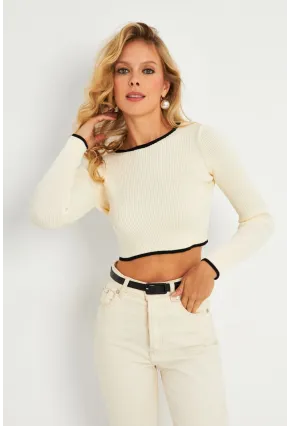 Kadın Beyaz-Siyah Sırtı Açık Bluz YV270