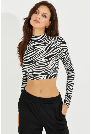Kadın Beyaz-Siyah Sırtı Açık Zebra Desenli Crop Bluz LPP1232