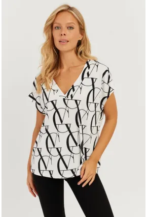 Kadın Beyaz-Siyah V Yaka Desenli Bluz AYD293