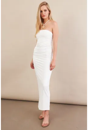 Kadın Beyaz Straplez Büzgülü Midi Elbise MX2005