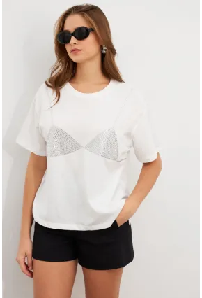 Kadın Beyaz Straslı Oversize T-Shirt TPG13