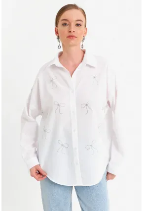 Kadın Beyaz Taşlı Gömlek MZER426