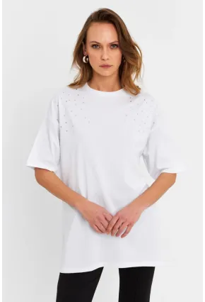 Kadın Beyaz Taşlı Salaş T-Shirt MTF0002