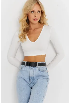 Kadın Beyaz V Yaka Crop Bluz CG368