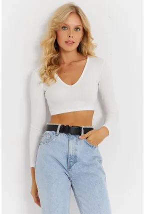 Kadın Beyaz V Yaka Crop Bluz CG368