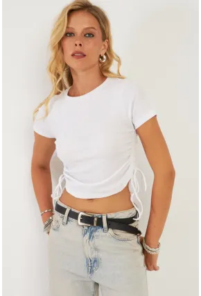 Kadın Beyaz Yanları Büzgülü Kaşkorse Bluz AYD355