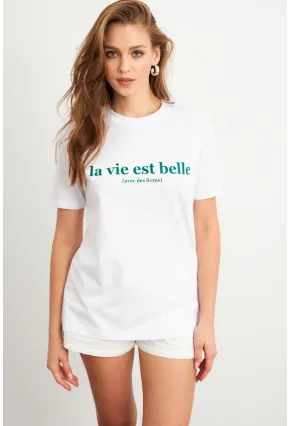 Kadın Beyaz-Yeşil Baskılı Pijama T-Shirt AYD411