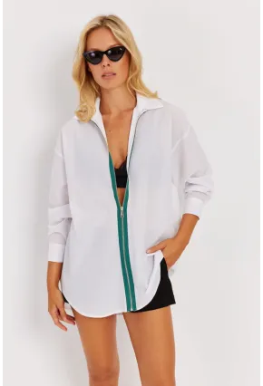 Kadın Beyaz Yeşil Fermuarlı Uzun Gömlek SF1317