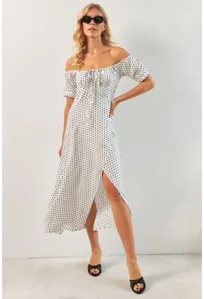 Kadın Beyaz Yırtmaçlı Desenli Midi Elbise KED0243