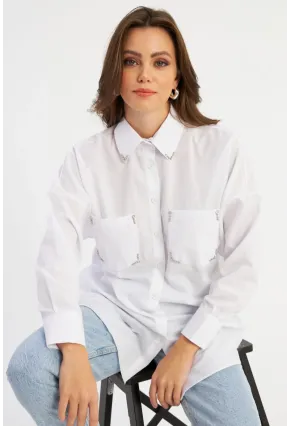 Kadın Beyaz Zımbalı Gömlek MASF2