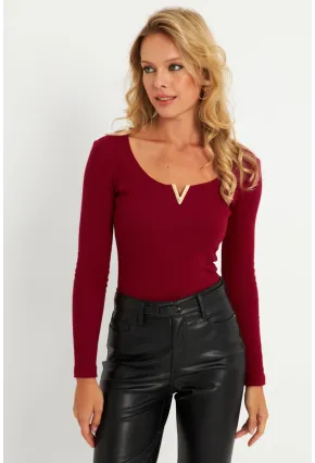 Kadın Bordo Aksesuarlı Kaşkorse Bluz RLO17