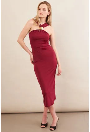 Kadın Bordo Aksesuarlı Midi Elbise İRE101
