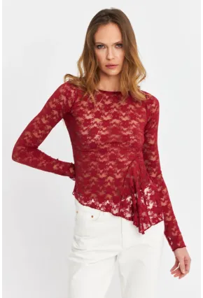 Kadın Bordo Asimetrik Dantel Bluz MTK13288