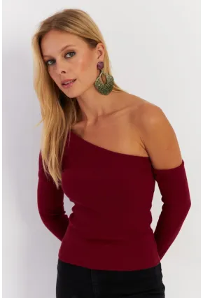 Kadın Bordo Asimetrik Kollu Kaşkorse Bluz HOR1