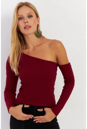 Kadın Bordo Asimetrik Kollu Kaşkorse Bluz HOR1
