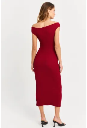 Kadın Bordo Asimetrik Yaka Gofre Midi Elbise MOD2358