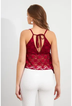 Kadın Bordo Askılı Dantel Crop Bluz MTK13458