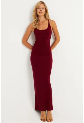 Kadın Bordo Ayarlanabilir Askılı Maxi Elbise MEN2004