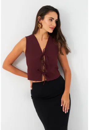 Kadın Bordo Bağlama Detaylı Astarlı Yelek ELA6645