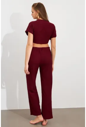Kadın Bordo Bağlamalı Bürümcük Takım Q1012